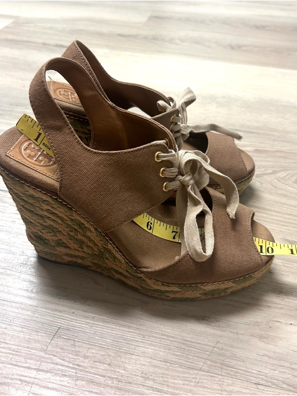 Tory Burch Wedge Sandals Womens 9M Linley Espadrille Platform Tan Olive Lace Up - Picture 13 of 14